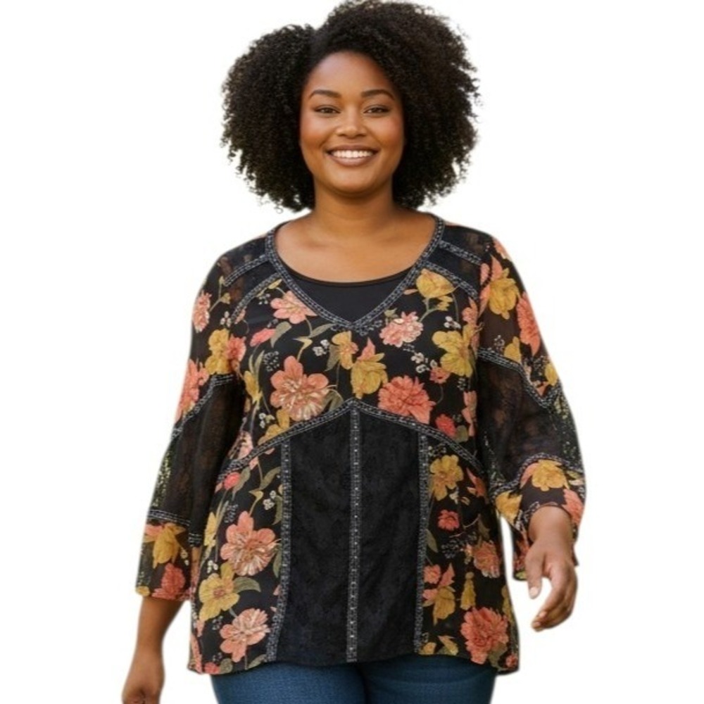 Whimsical Fairygrunge Lace Studded Women's size 18/20W Bohemian‎ Bell Sleeve Top